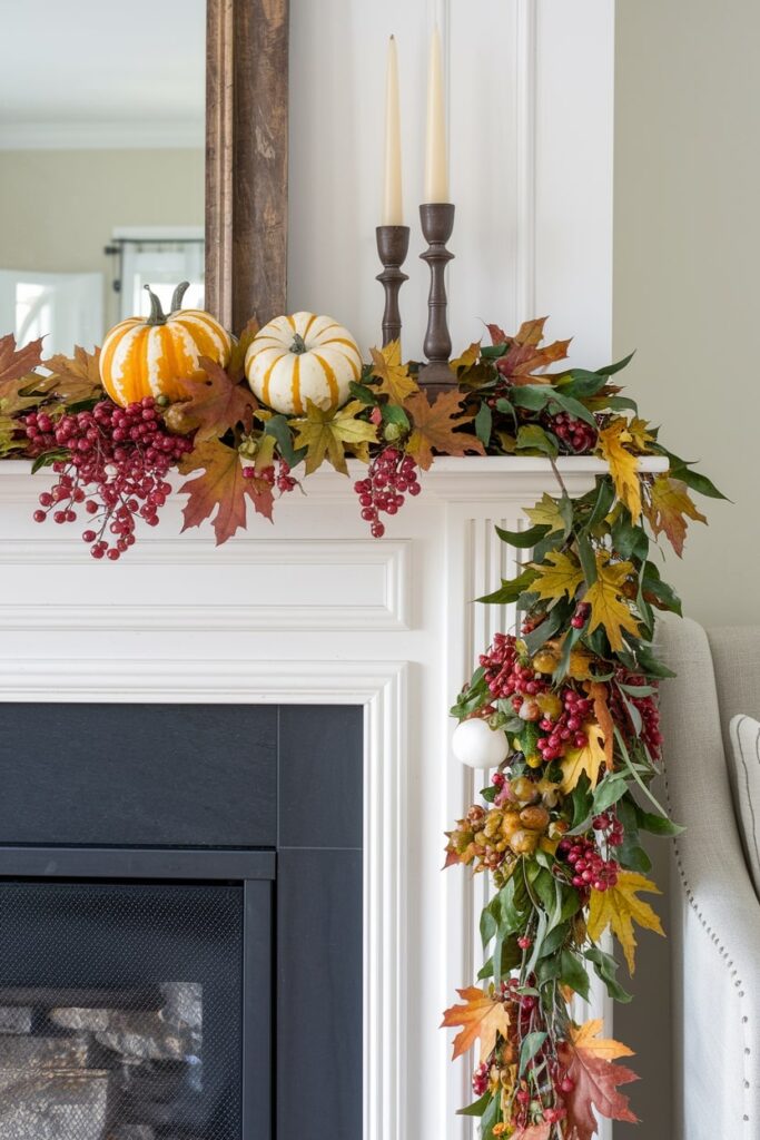 garland made from autumn leaves, mini pumpkins, and seasonal berries as fall mantel decor