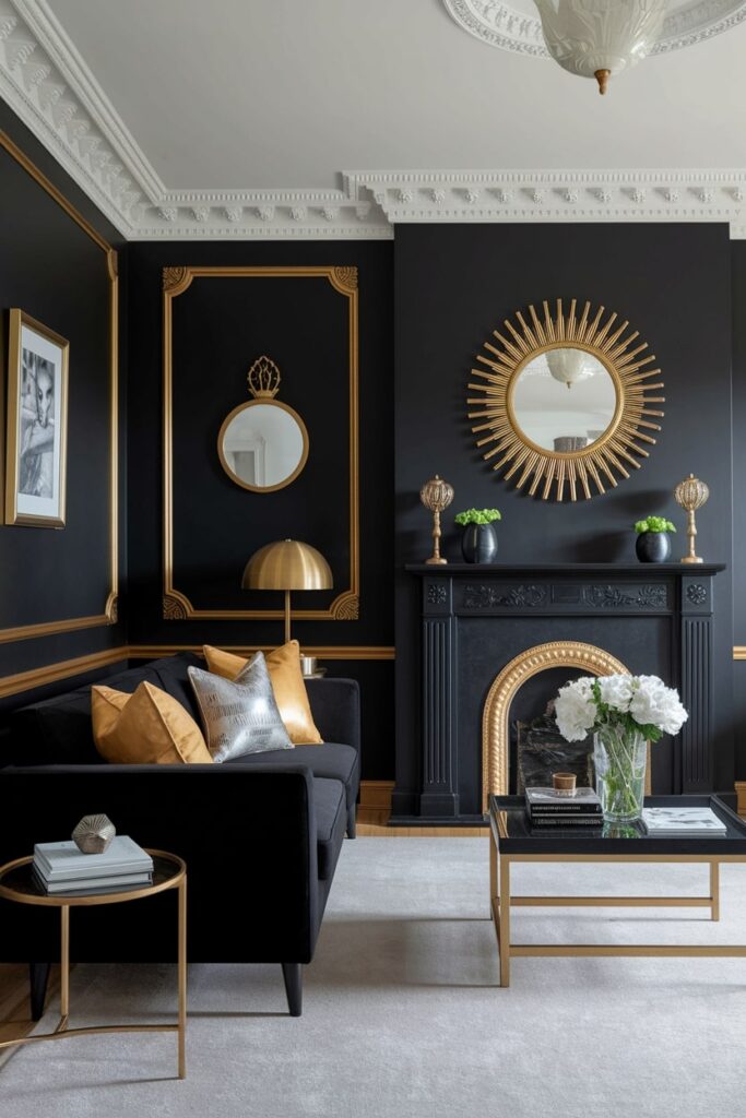glamour black living room with gold accents in lighting fixture, mirror frame, pillows, coffee table