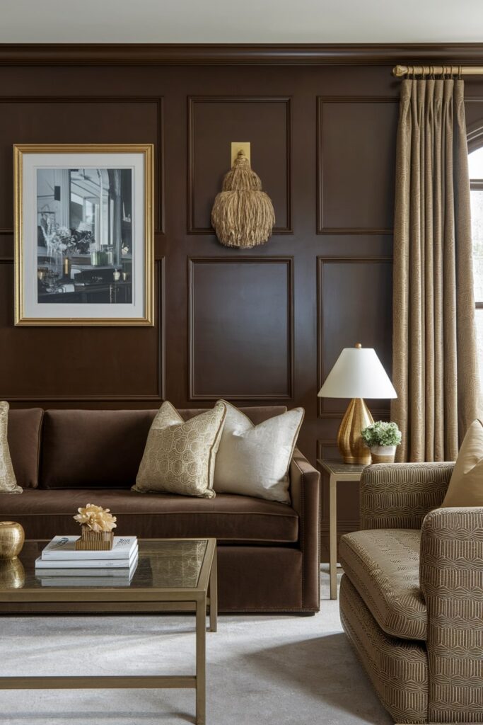 glamour brown living room with brown tone furniture and textile, gold picture frame, table lamp, and decorative objects