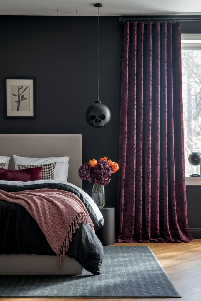 gothic curtains in dark purple as Halloween bedroom decor