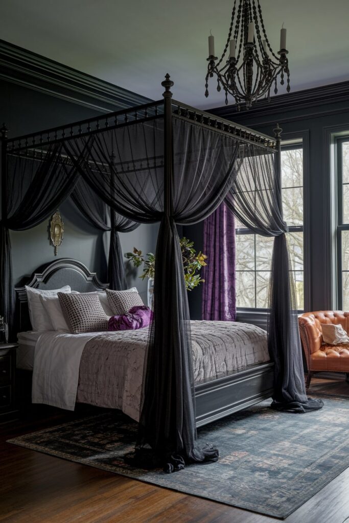 gothic mysterious Halloween bedroom with sheer black fabric around bed frame