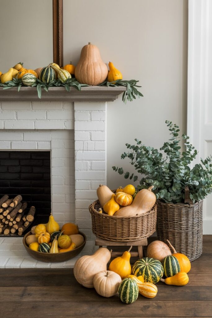 gourd and squash groupings on the mantel and in the wicker basket near fireplace as Thanksgiving decor
