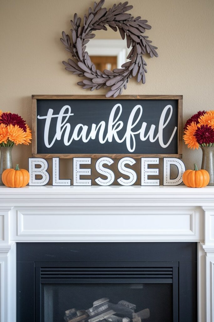 gratitude signs as Thanksgiving mantel decor