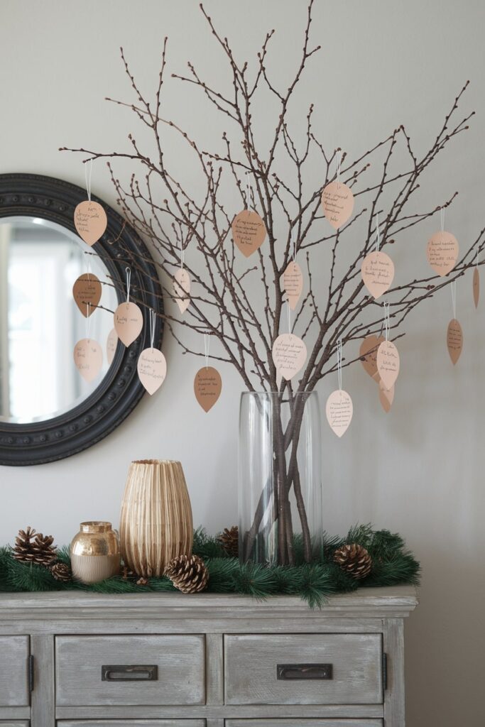 gratitude tree, bare branches in a tall vase with paper leaves as Thanksgiving decor