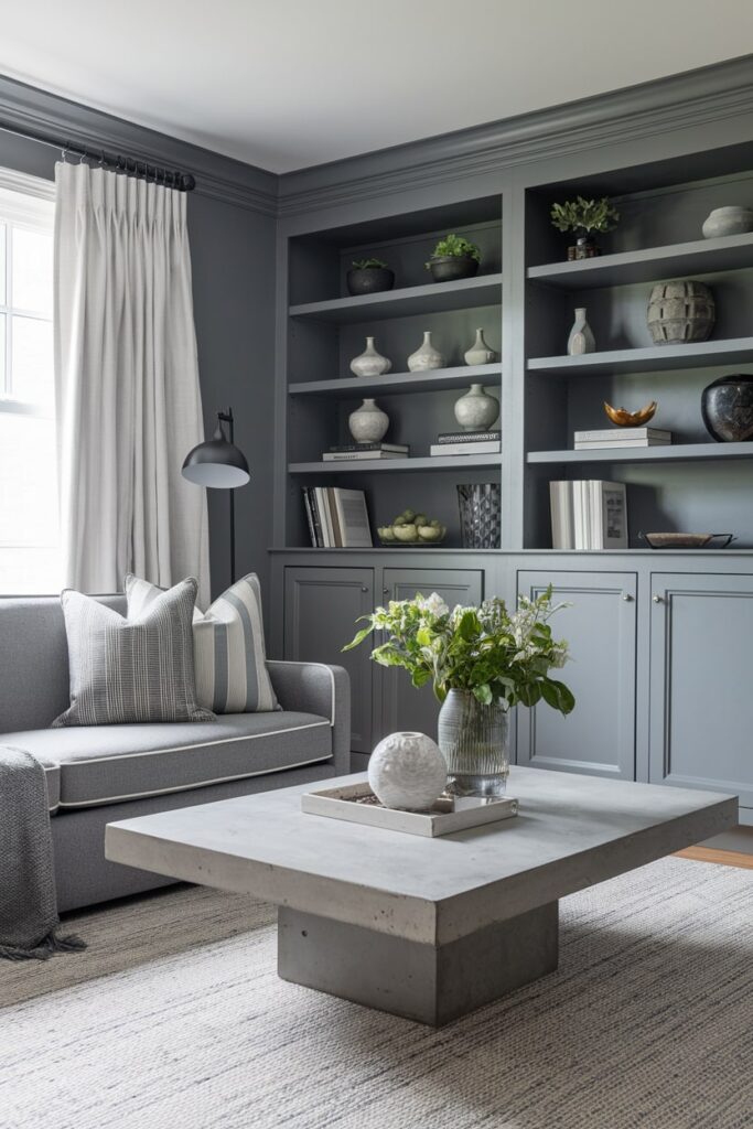 gray living room with concrete coffee table and built-in shelving