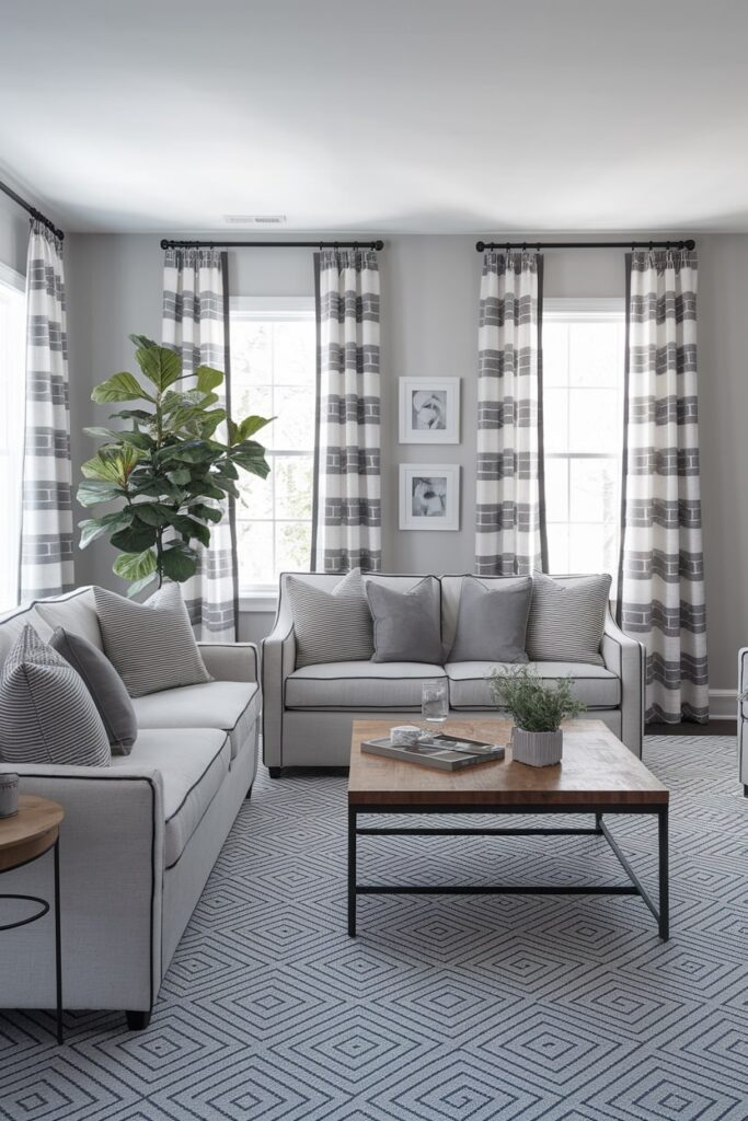 gray living room with geometric patterns in curtains, pillows, and area rug
