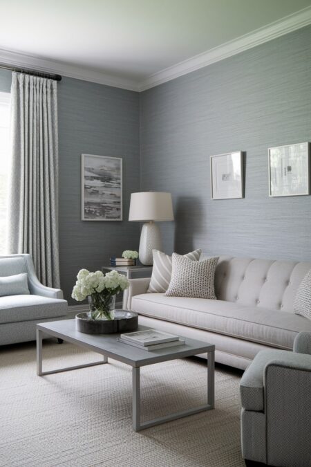gray living room with grasscloth wallpaper, gray furniture, and sleek coffee table