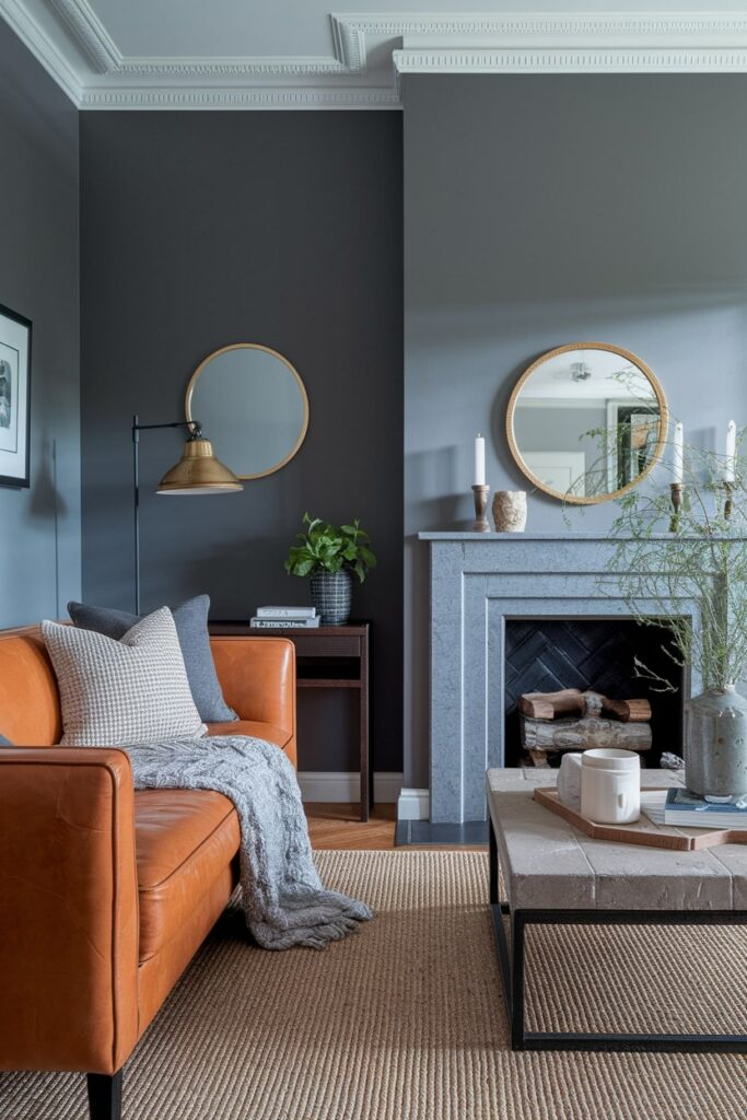 gray living room with leather couch, fireplace, and different gray textures