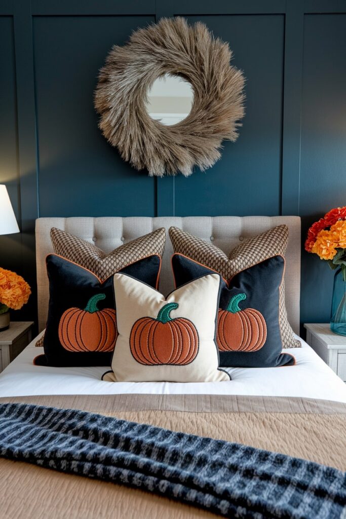 Halloween bedroom decor pillows with embroidered pumpkins