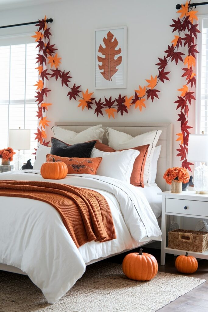 Halloween bedroom with autumn leaf garland in fall colors