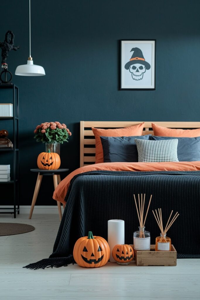 Halloween decorated bedroom with seasonal scents, reed diffuser, candles, pumpkins