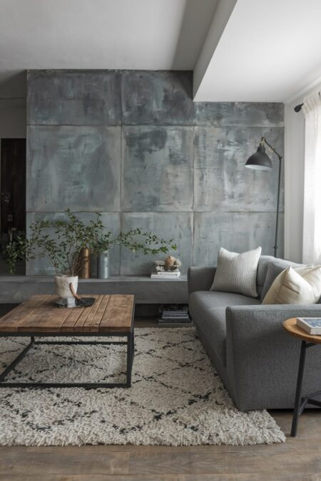 industrial gray living room with concrete wall and modern couch