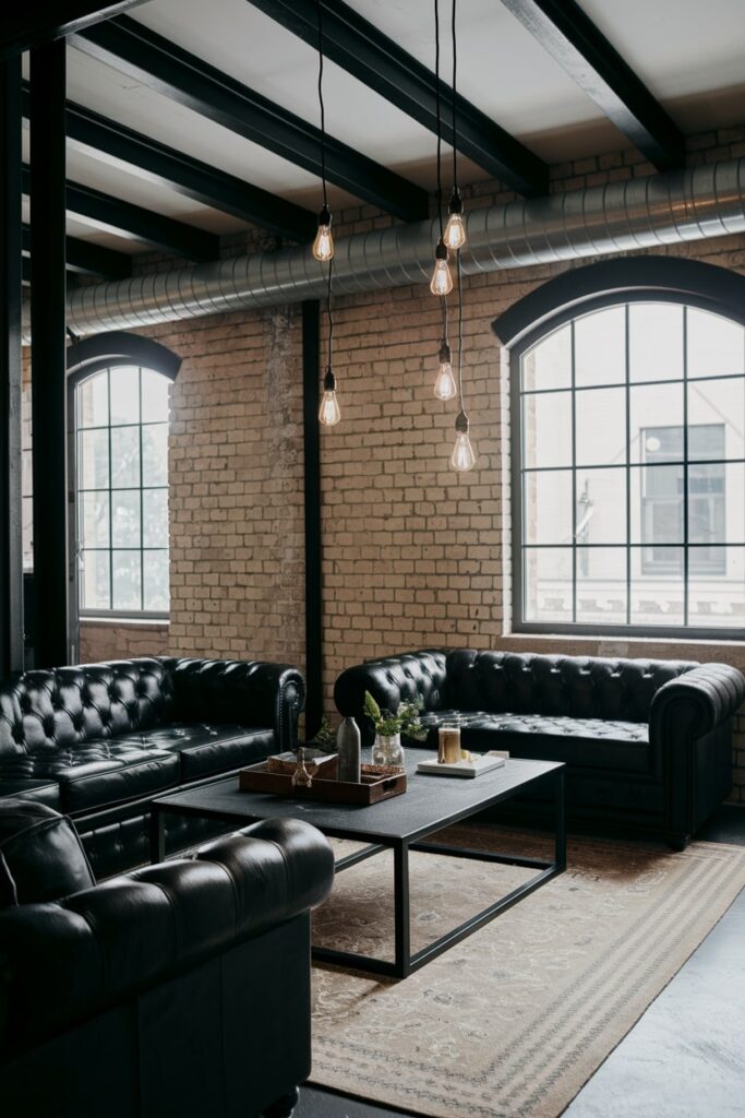 industrial living room with brick walls, black leather furniture, black exposed beams