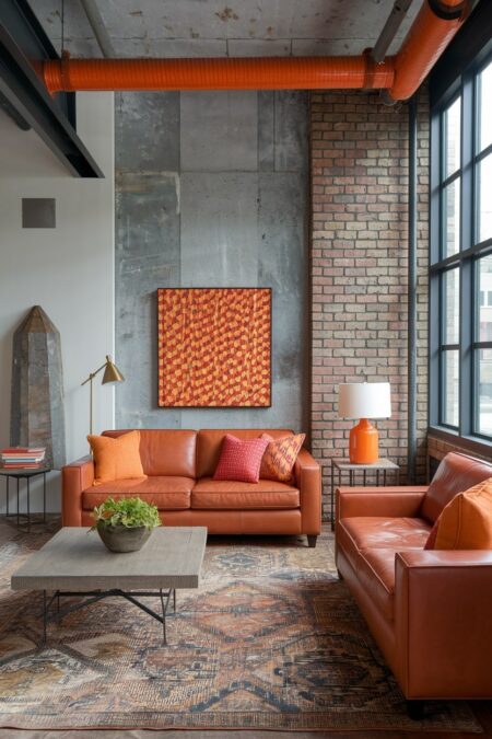 industrial living room with orange leather couches and decor, exposed brick and concrete