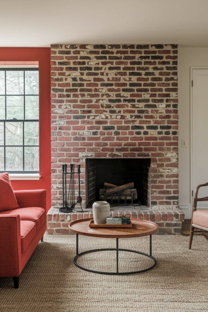 industrial living room with red accent wall, couch, red brick fireplace