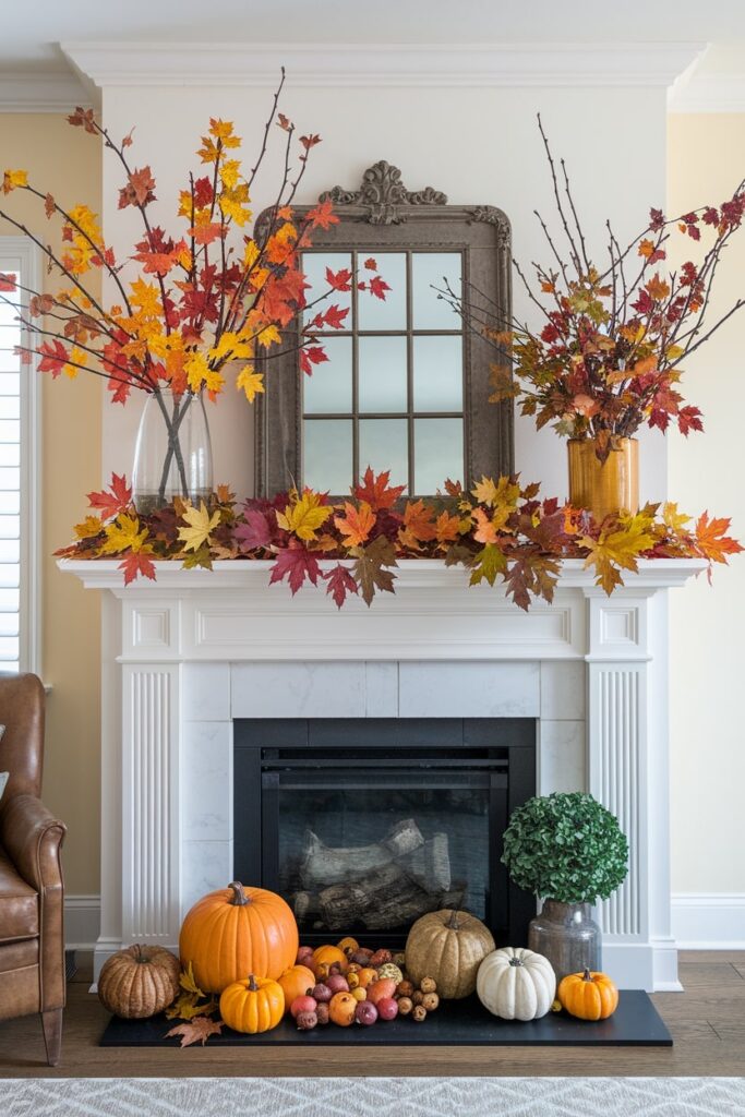 layered fall foliage, leaves, branches decorate a Thanksgiving mantel