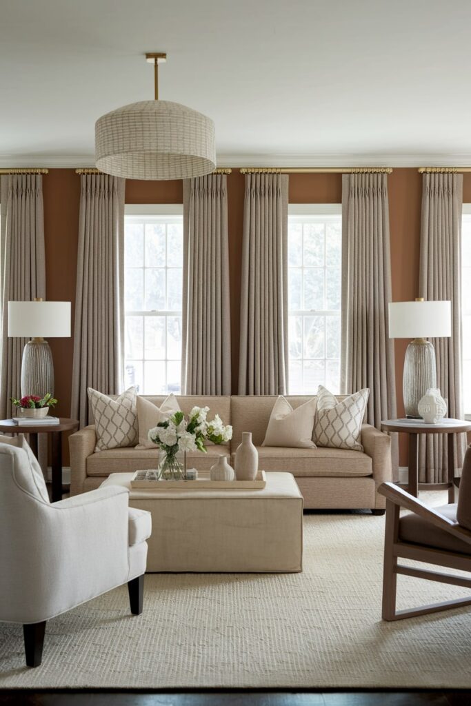 light brown living room with cream and white accents