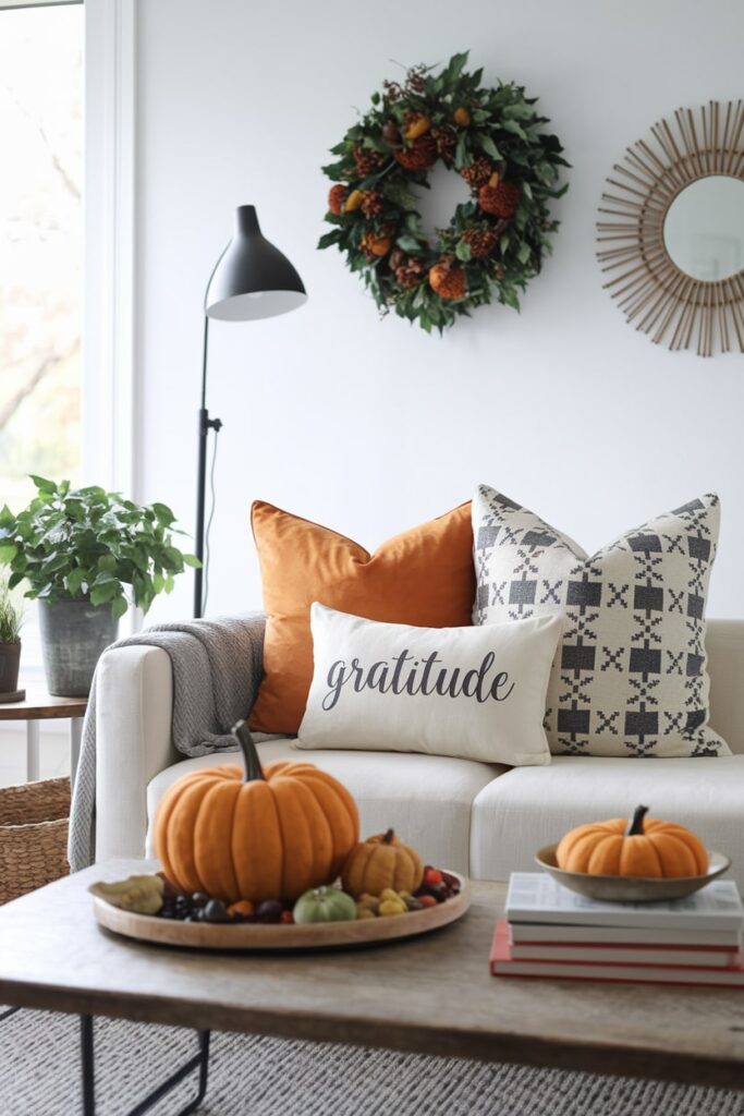 light couch in the living room with gratitude throw pillow as Thanksgiving decor