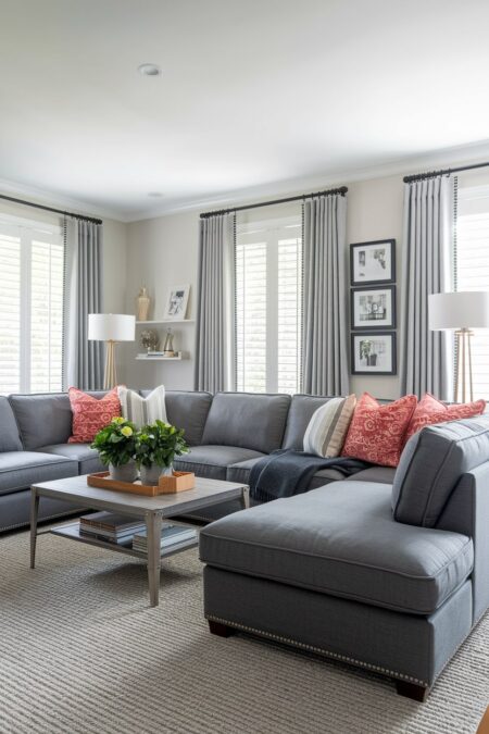 light living room with a large gray sectional sofa and red throw pillows