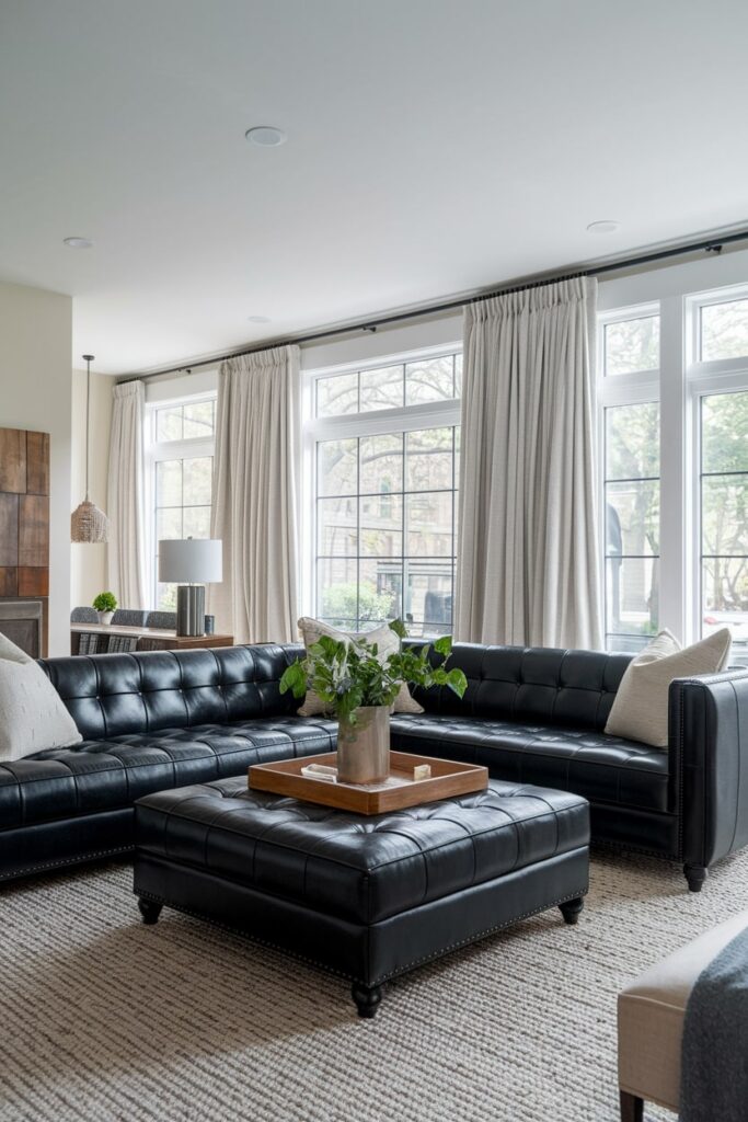 light living room with black leather sofa and ottoman