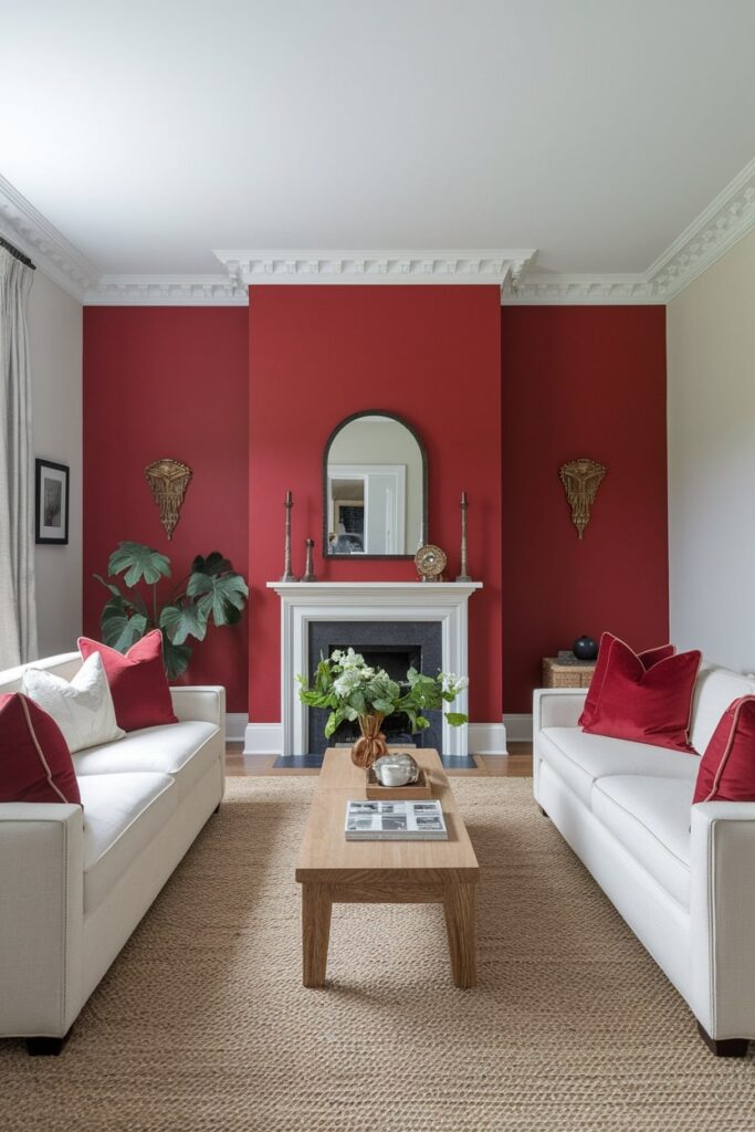 light living room with red accent wall and red throw pillows, white couches
