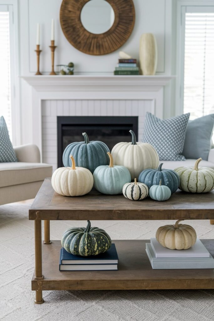 light living room with various white and blue pumpkins on the coffee table as fall decor