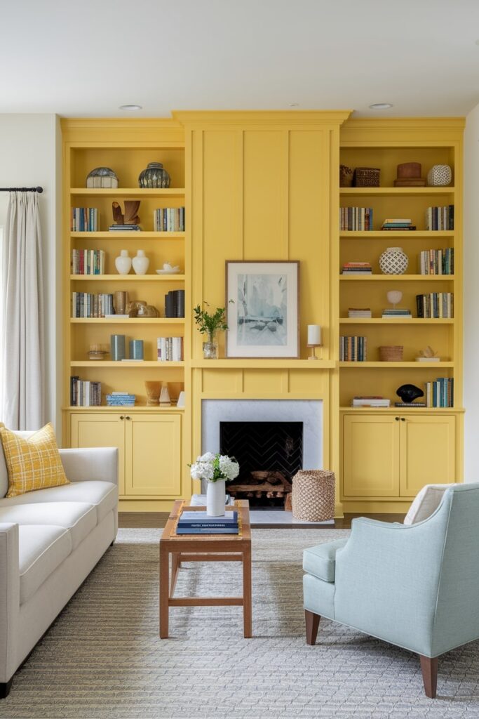 light living room with yellow built-in bookshelves and fireplace