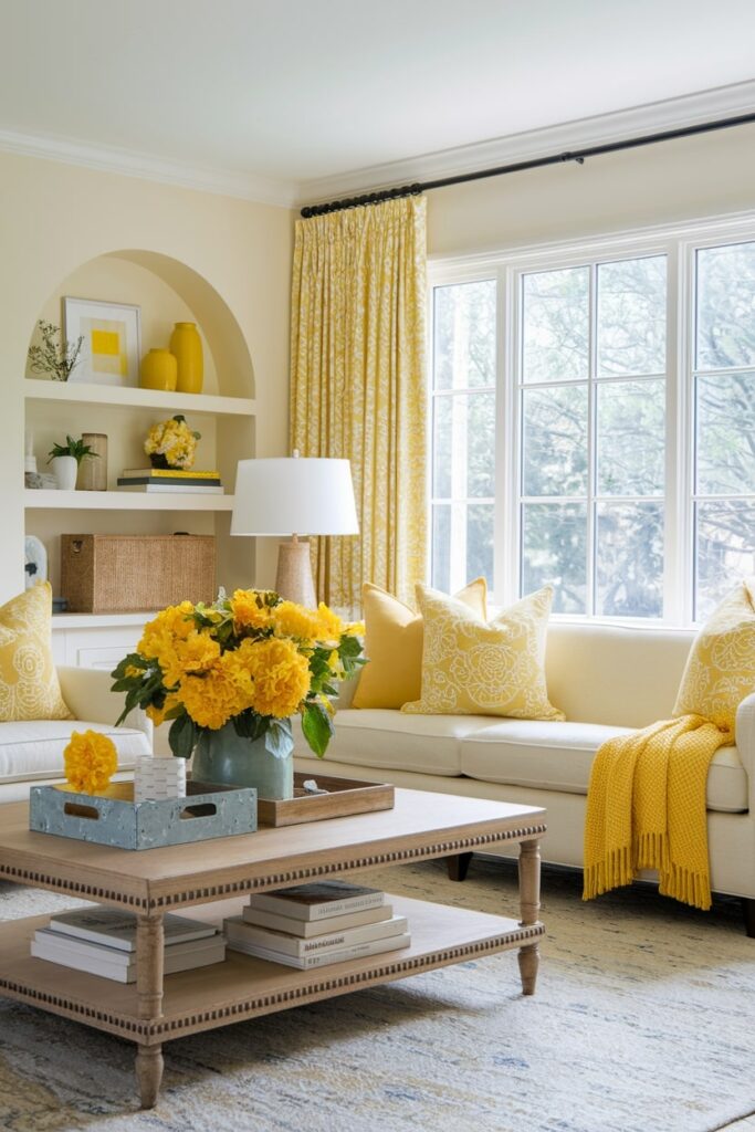 light living room with yellow curtains, pillows, throws, and fresh flowers