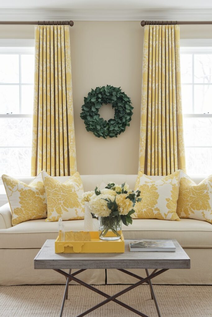 light living room with yellow floral pattern pillows and curtains