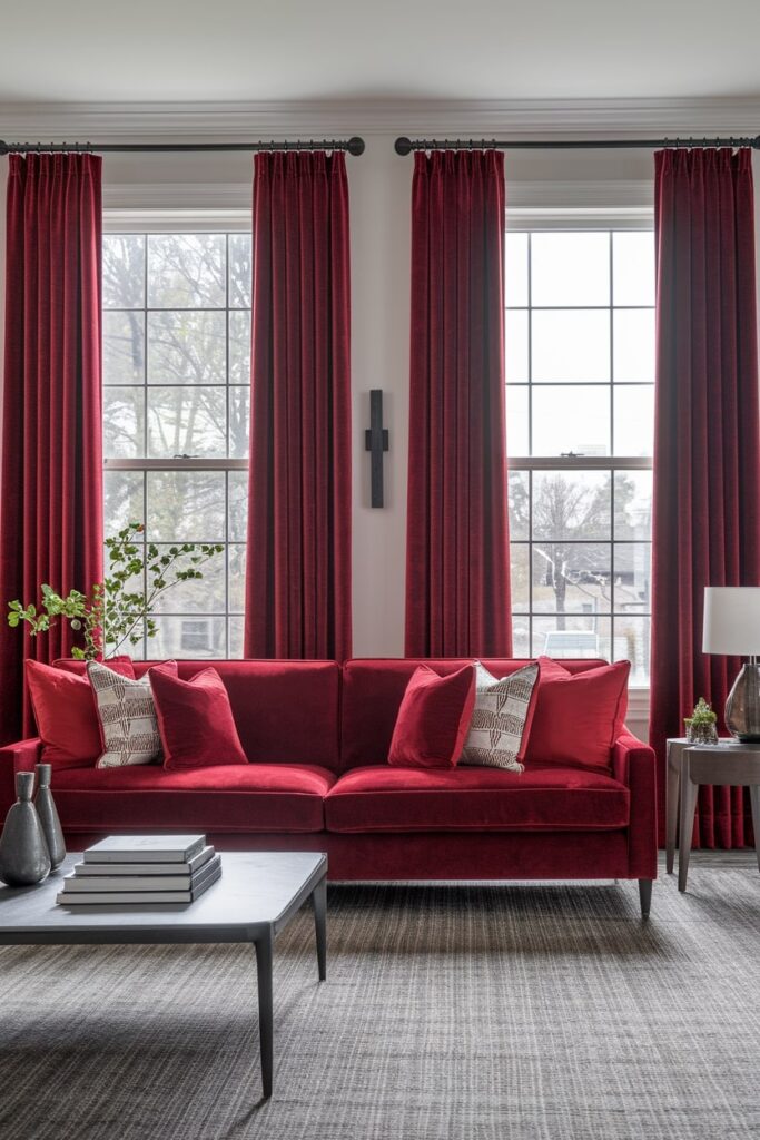 light luxury living room with red velvet couch and curtains