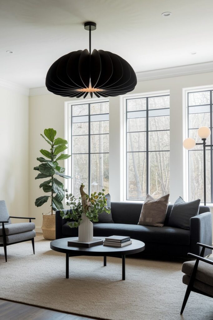 light modern living room with bold black chandelier, black couch, and coffee table