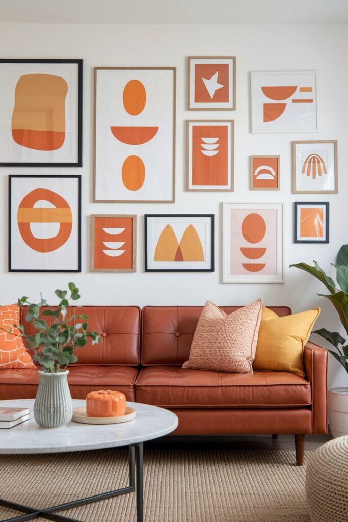 living room with a leather couch and gallery wall featuring orange toned artwork