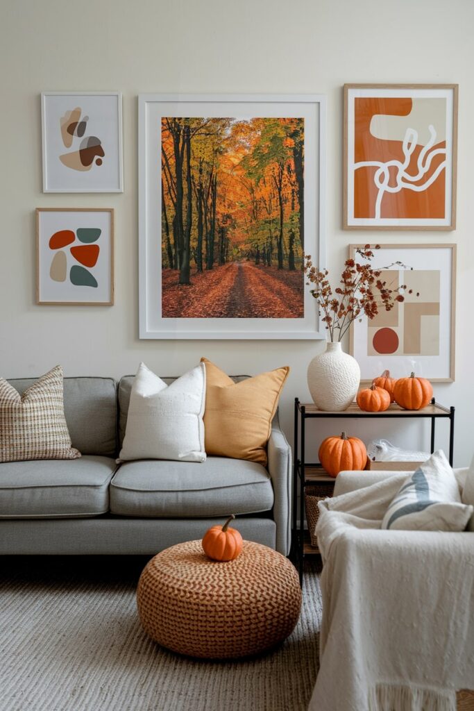 living room with abstract artworks in warm color palette and autumn-themed photography as fall decor