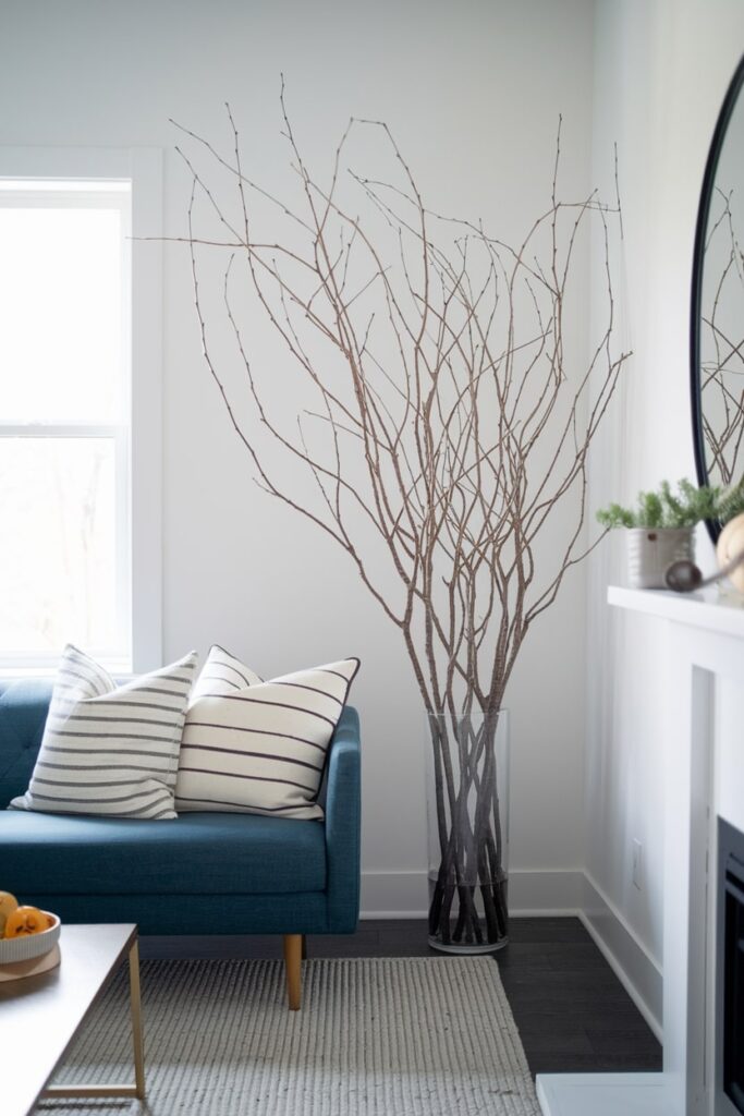 living room with bare branches in a tall glass vase as Thanksgiving decor