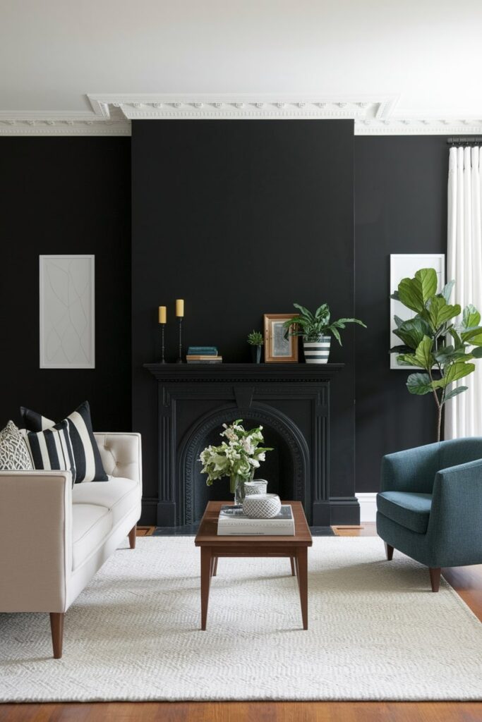 living room with black accent wall behind fireplace, light couch, area rug, and curtains