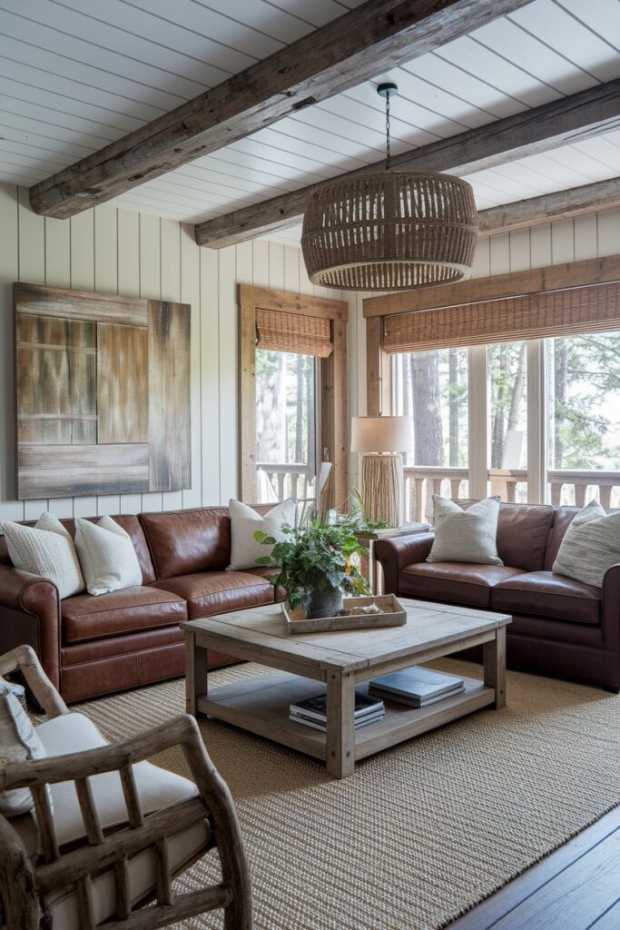 living room with brown furniture and rustic elements, reclaimed wood coffee table