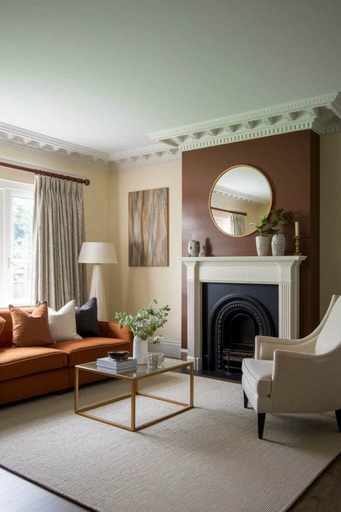 living room with brown wall behind fireplace, cream walls, caramel brown couch, artwork with brown hues