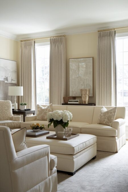 living room with cream walls, beige color pattern in an accent chair and throw pillows, beige curtains