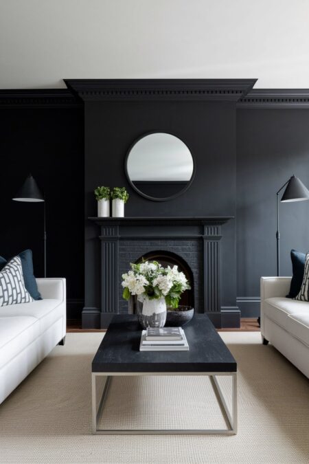 living room with dark gray wall, fireplace, lighting fixtures, and light couches