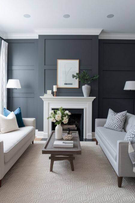 living room with deep slate gray accent wall behind a fireplace and light furniture