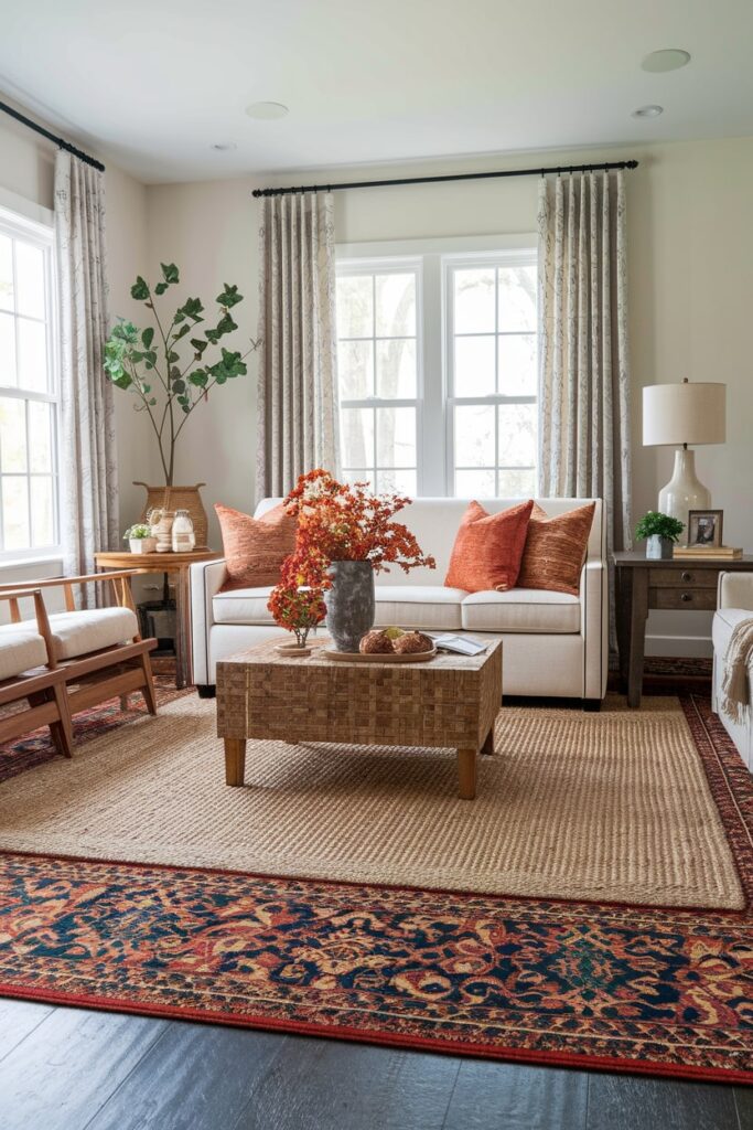 living room with layered rugs, rich color patterned topped with a smaller jute rug as fall decor