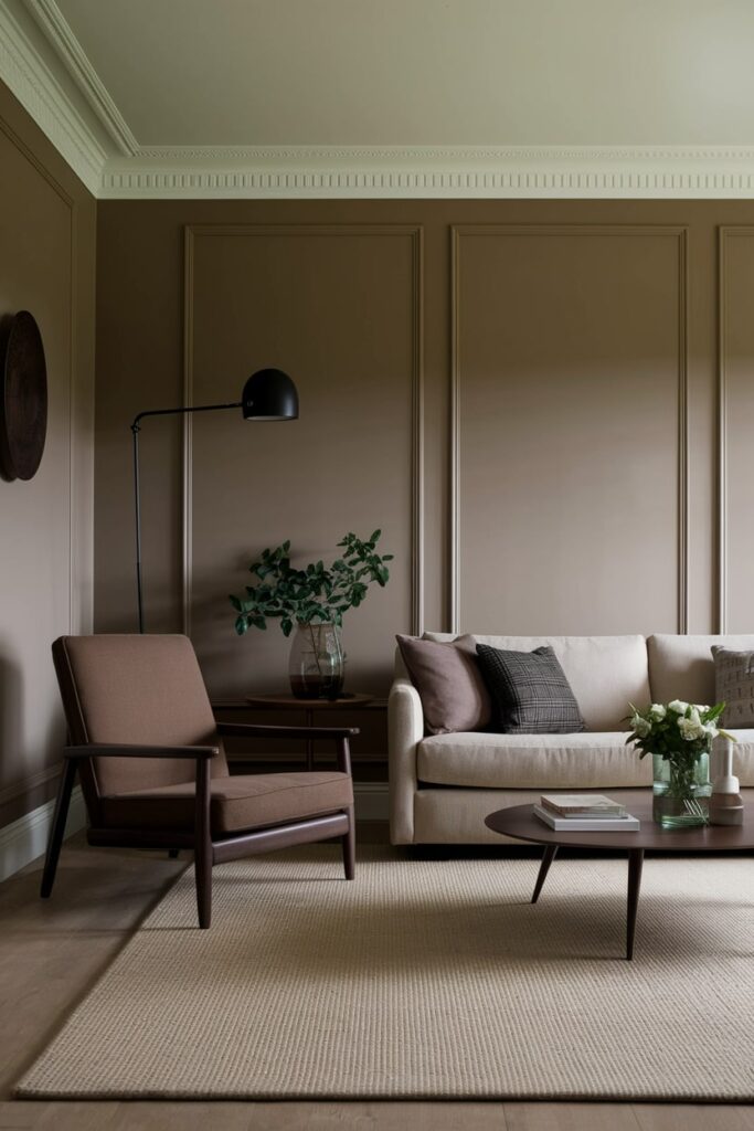 living room with mushroom-colored walls, brown furniture, and light taupe accessories