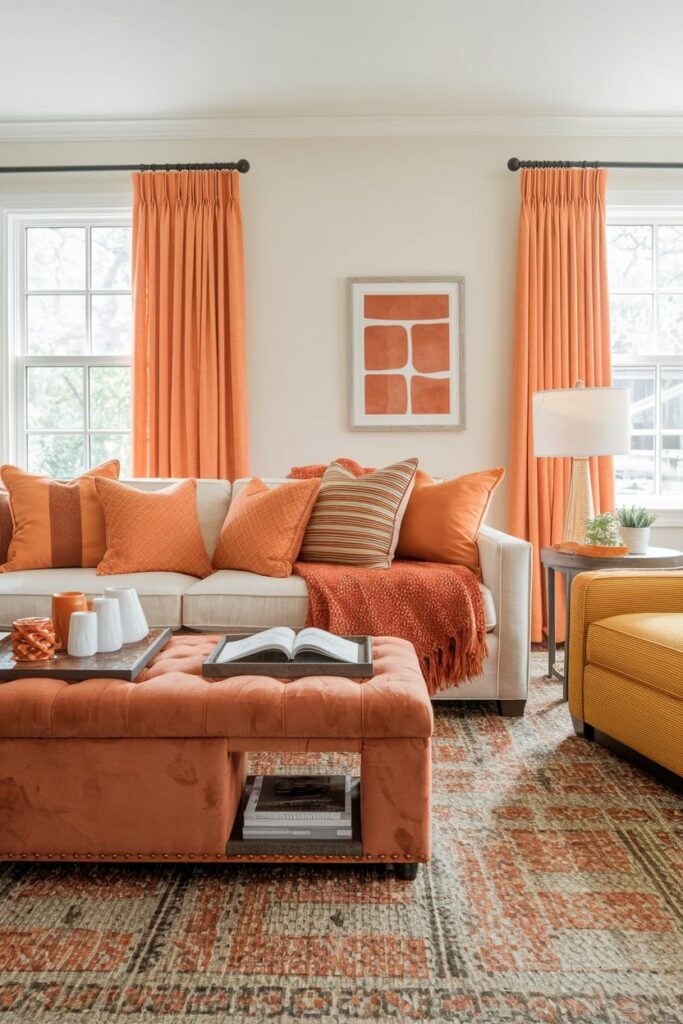 living room with orange throw blanket, accent pillows, curtains, and area rug in various textiles and shades