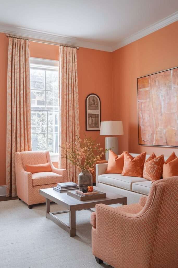living room with peach walls orange artwork, pillows, and patterned armchairs