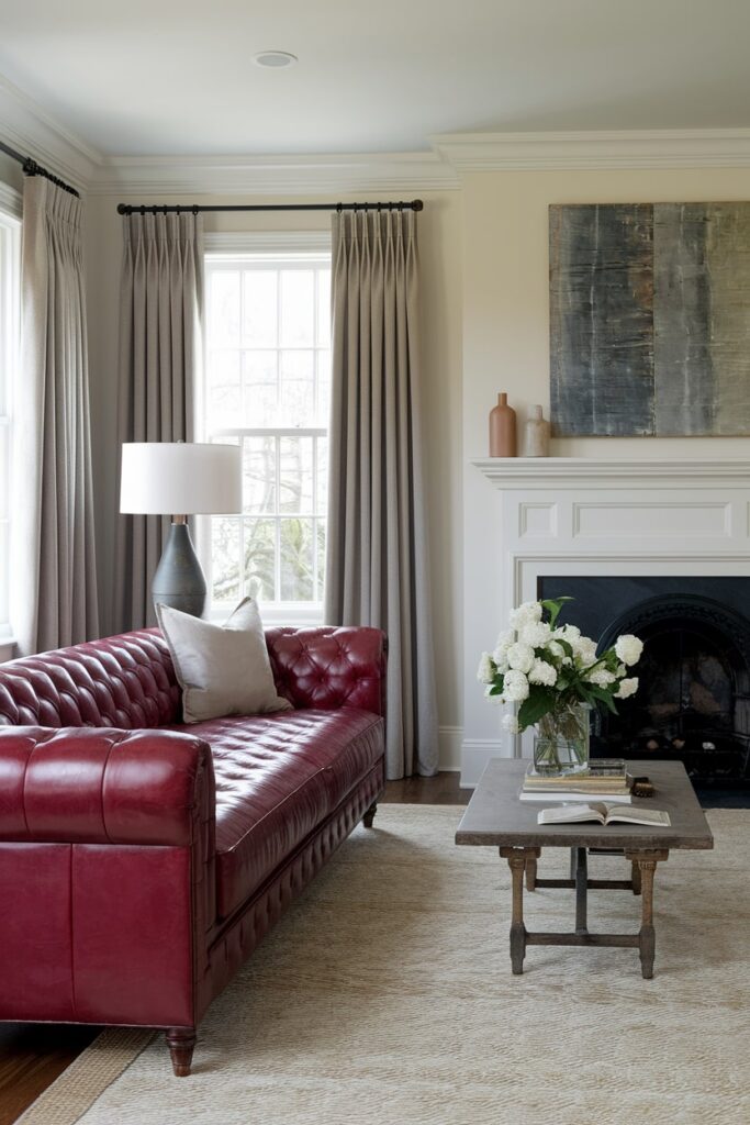 living room with red leather sofa and neutral walls