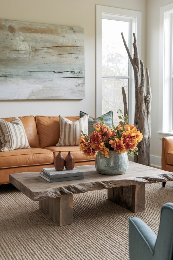 living room with rustic coffee table and driftwood sculpture as fall decor