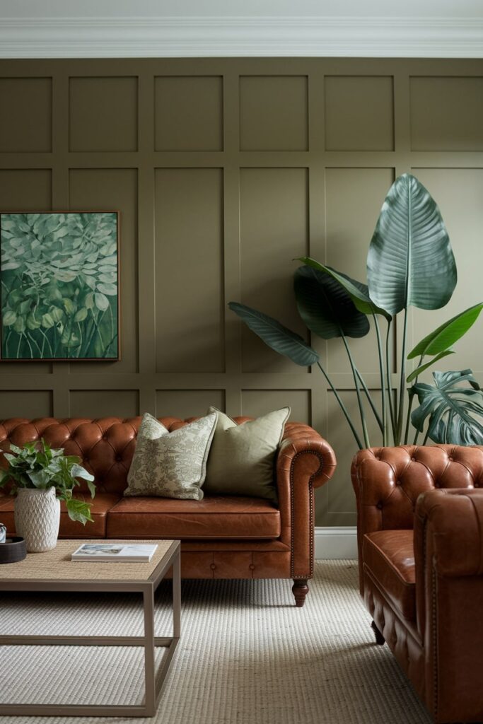 living room with sage green walls and brown leather furniture, botanical artwork, plants