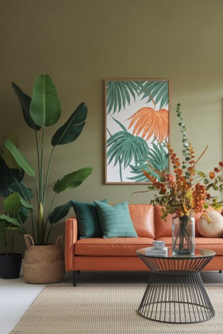 living room with sage green walls, orange leather couch, and tropical print with orange and green hues