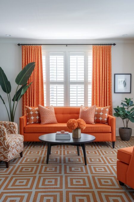 living room with various orange patterns in pillows, curtains, furniture, and rug