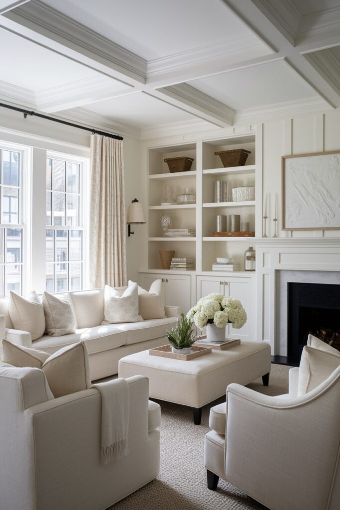 living room with white walls and built-in shelving, fireplace, light beige furniture